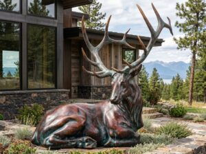 Life-size elk sculpture by Eric Thorsen, a resting bull elk with large antlers outside a mountain home