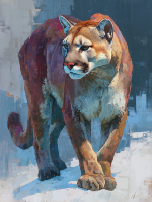 Lion in Blue art print of a mountain lion in warm reds against cool blues by Eric Thorsen