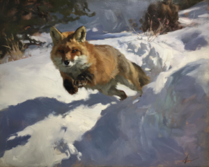 Snowdrift Fox art print of a red fox bounding through a snowdrift by Eric Thorsen