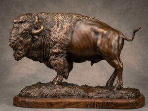 Bronze bison sculpture standing with its tail raised, brown patina, mounted on a carved walnut base