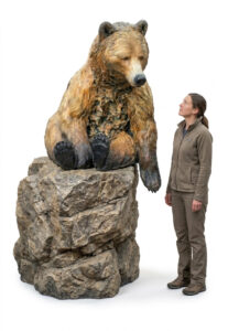 Life-size sculpture of a grizzly bear sitting on top of a tall rock base, with a woman standing beside it looking up for scale