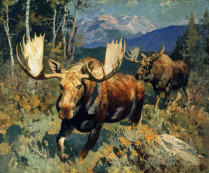 Meadow Bulls art print of two bull moose in a mountain meadow by Eric Thorsen