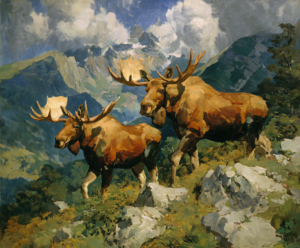 Ridge Bulls art print of two bull moose on a rocky mountainside by Eric Thorsen