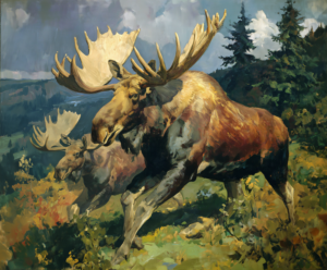 Shoulder to Shoulder art print of two bull moose walking down a mountain slope by Eric Thorsen