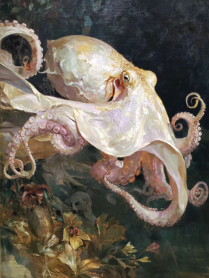 Art print of a white octopus with curling tentacles over a dark, golden-toned background, by Eric Thorsen