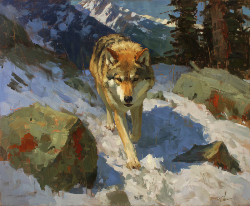 Snow Trail Wolf art print of a gray wolf walking on a snowy trail by Eric Thorsen