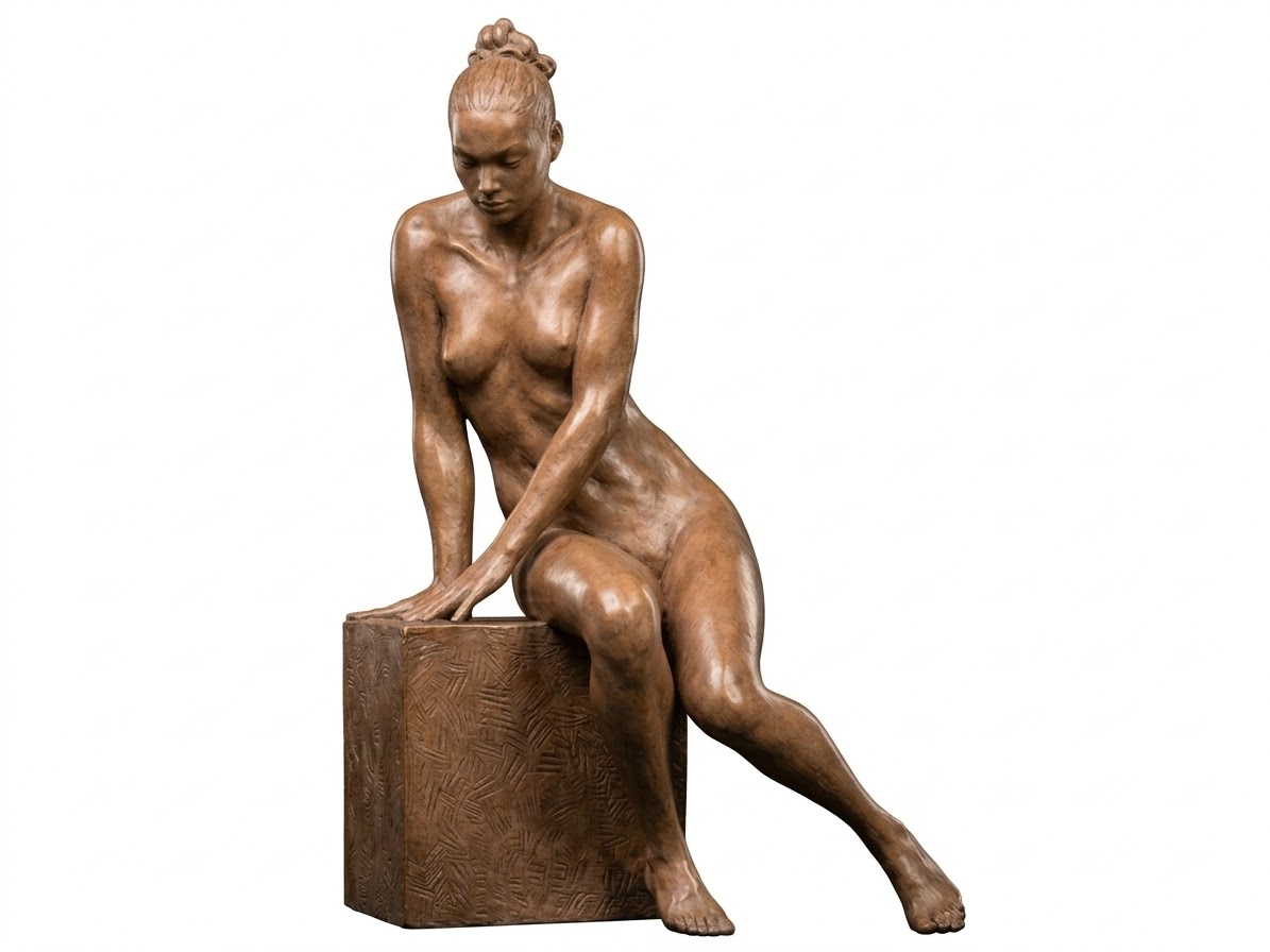 Bronze sculpture of a nude woman seated on a textured block, leaning forward with her hands on the block and one leg extended, in a warm brown patina