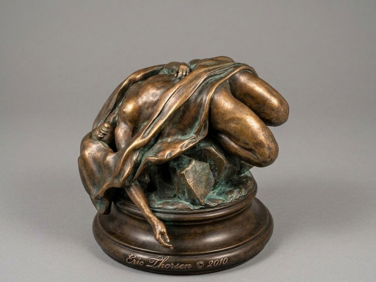 Bronze sculpture of a reclining draped figure on a round base, in a warm brown patina