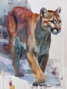 Mountain Lion oil painting of a cougar walking through snow by Eric Thorsen