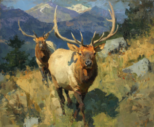 High Country Bulls oil painting of two bull elk in a mountain meadow by Eric Thorsen