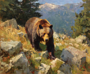Grizzly Ridge art print of a grizzly bear walking over rocks in the mountains by Eric Thorsen