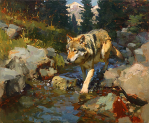 Creek Crossing oil painting of a gray wolf crossing a rocky mountain creek by Eric Thorsen