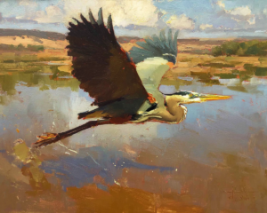 Marsh Glide oil painting of a great blue heron flying low over a marsh by Eric Thorsen