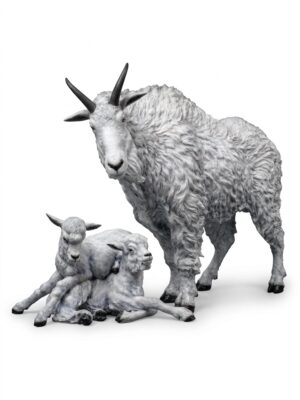 Sculpture of a mountain goat family in a white patina: an adult goat standing beside two kids resting at its feet
