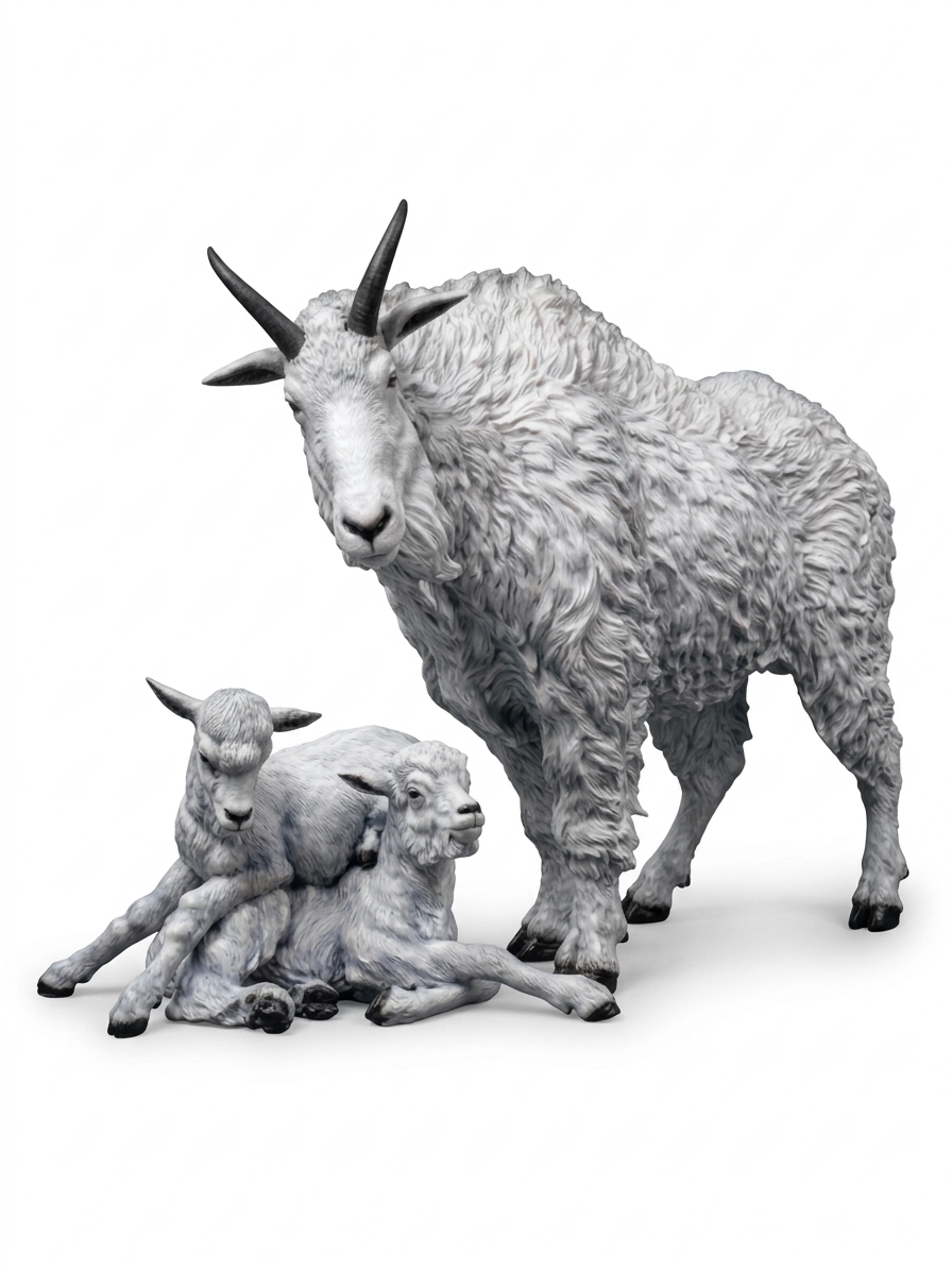 Sculpture of a mountain goat family in a white patina: an adult goat standing beside two kids resting at its feet