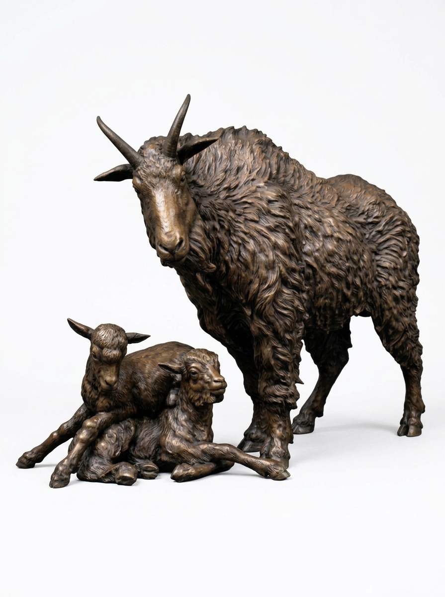 Bronze sculpture of a mountain goat family in a dark brown patina: an adult goat standing beside two kids resting at its feet