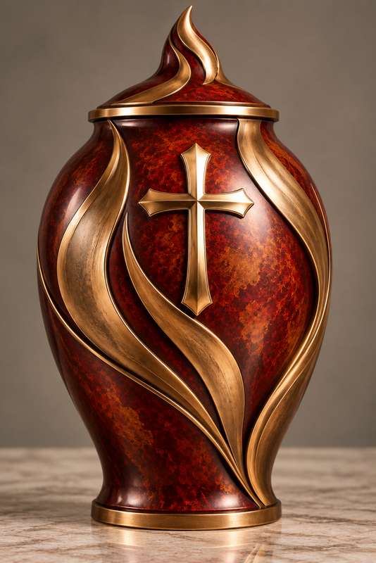 Bronze cremation urn in a glossy deep red patina with a raised gold-toned cross and sweeping flame-like accents rising to a flame finial